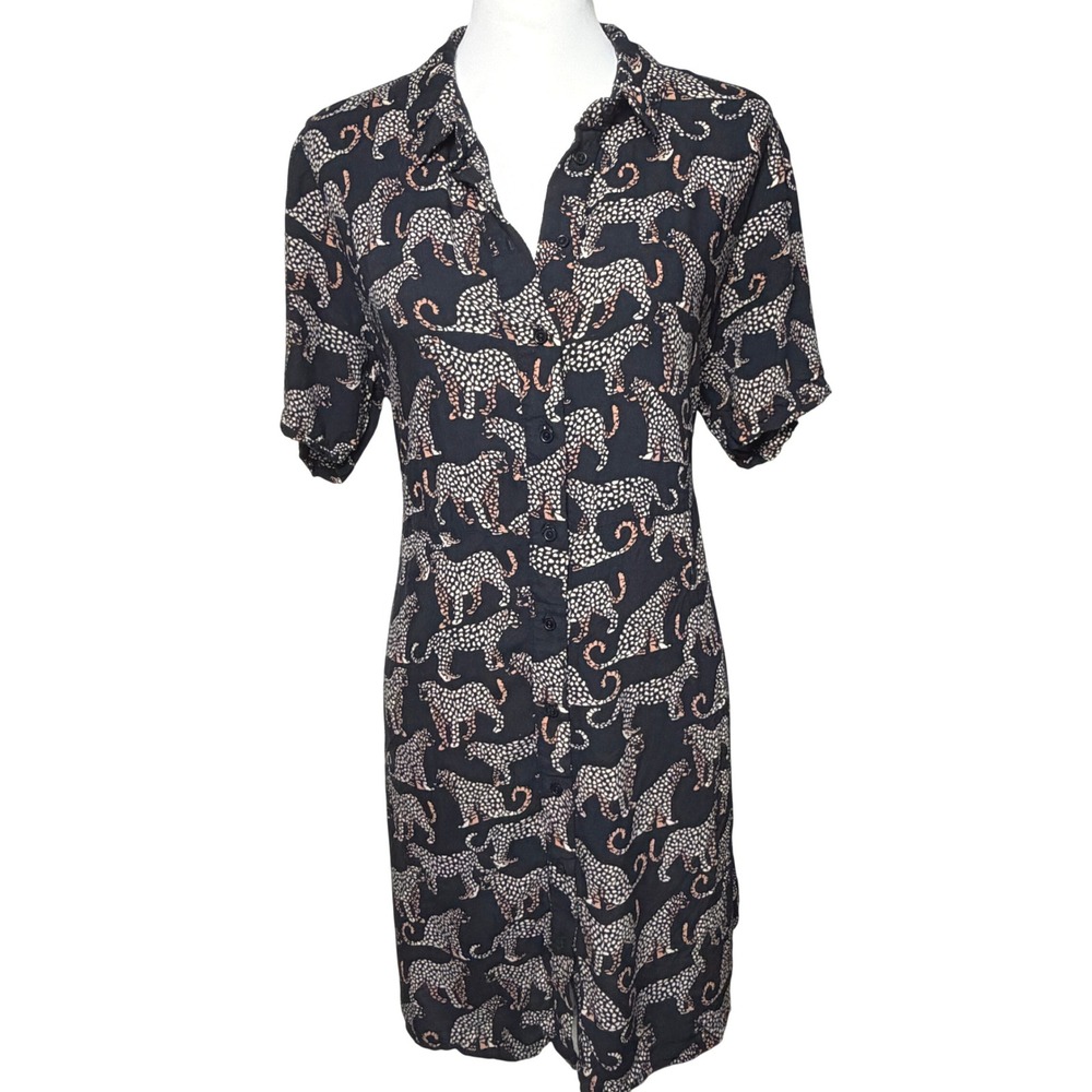 Sugarhill Brighton Navy Leopard Print Shirt Dress Short Sleeve US 12 Retro AOP